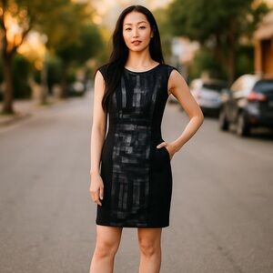 KAY UNGER Women's 14 Black & metallic silver sleeveless sheath dress knee length